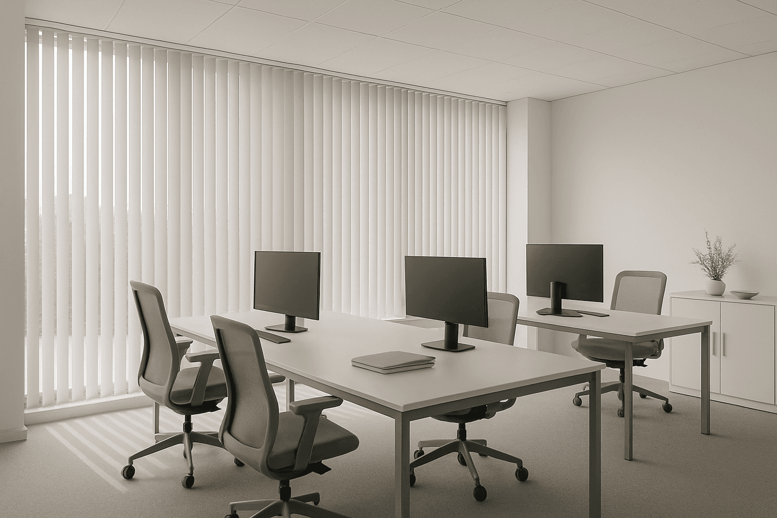 Stylowe żaluzje pionowe idealne do pomieszczeń biurowych Żaluzje pionowe w biurze - montaż rolet i żaluzji Kraków